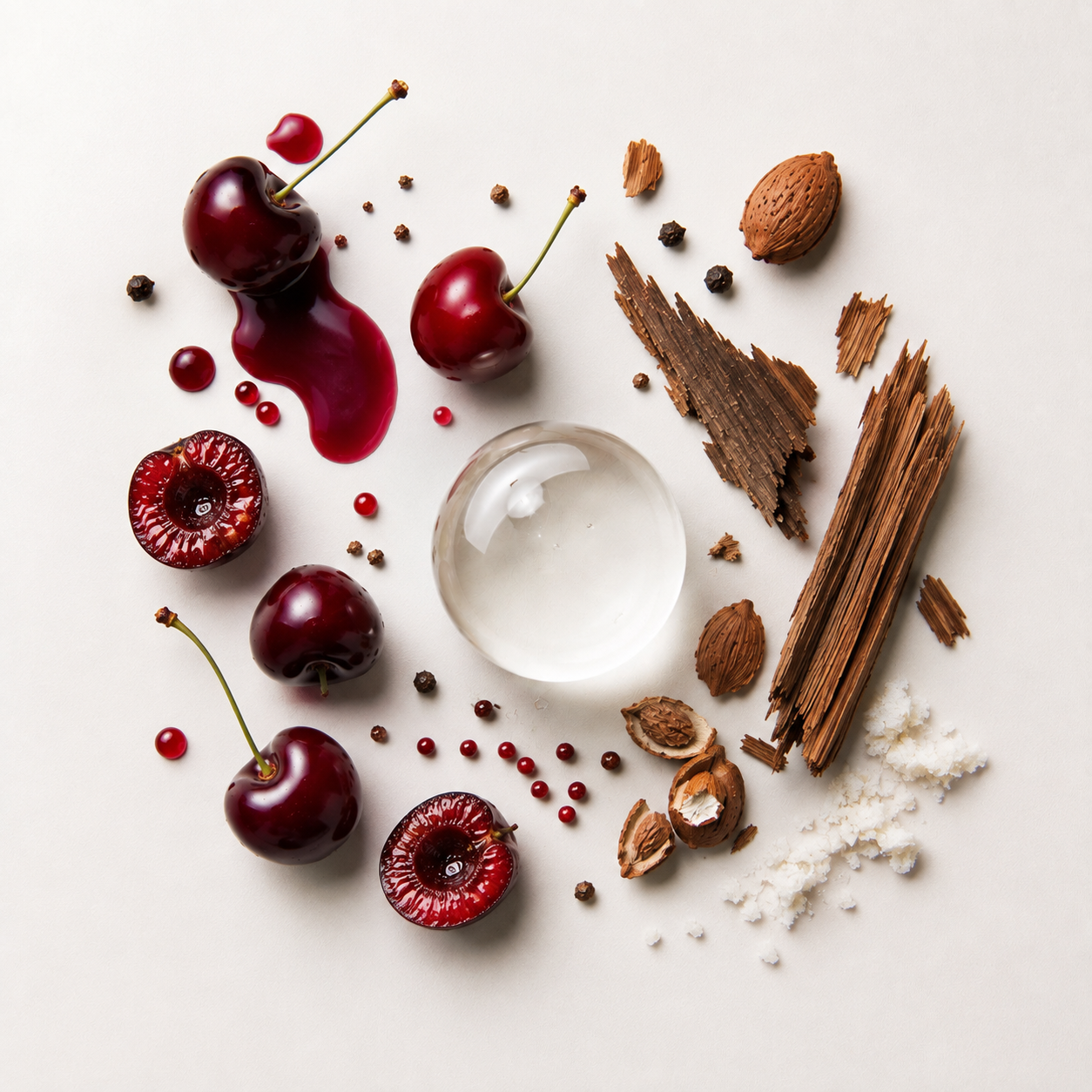Notes olfactives de la senteur Cerise Impériale EDITION AP — cerise noire, amande, rose, jasmin et bois de cèdre sur fond blanc