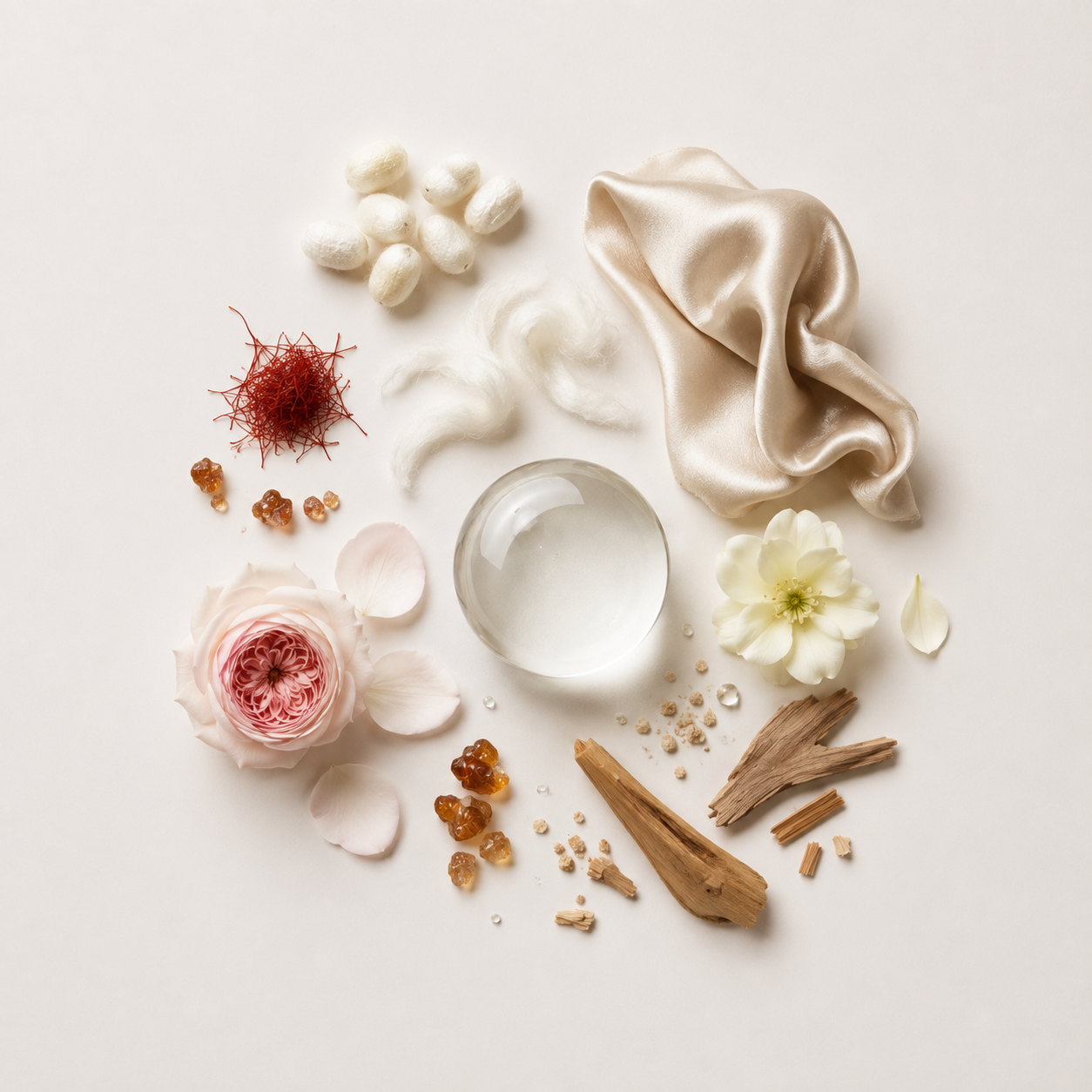 Notes olfactives de la senteur Soie Précieuse EDITION AP — safran, rose de mai, iris, vanille et santal sur fond blanc