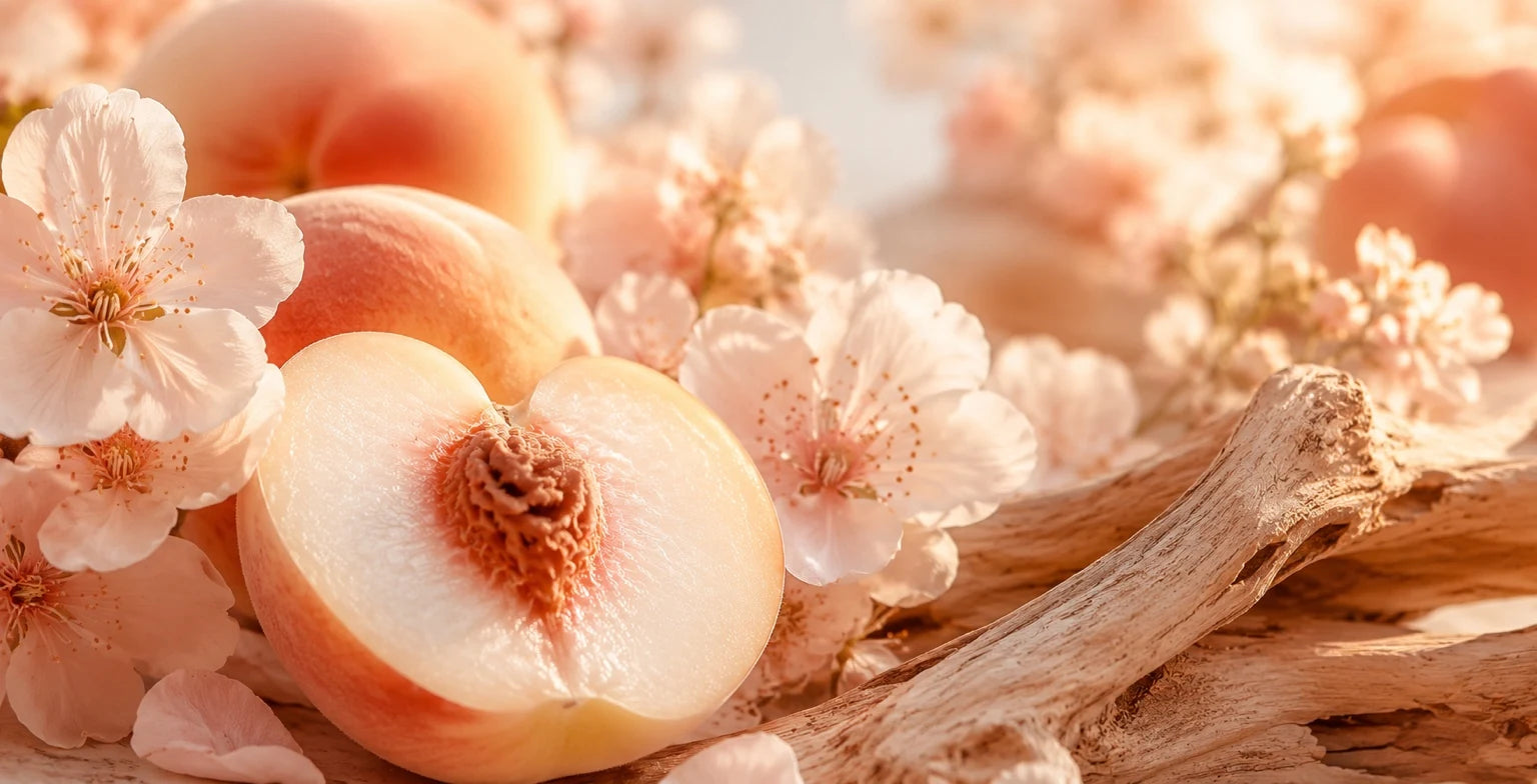 Pêche blanche coupée en deux entourée de fleurs de pêcher et de bois flotté, dans une lumière dorée et apaisante – senteur fruitée et florale