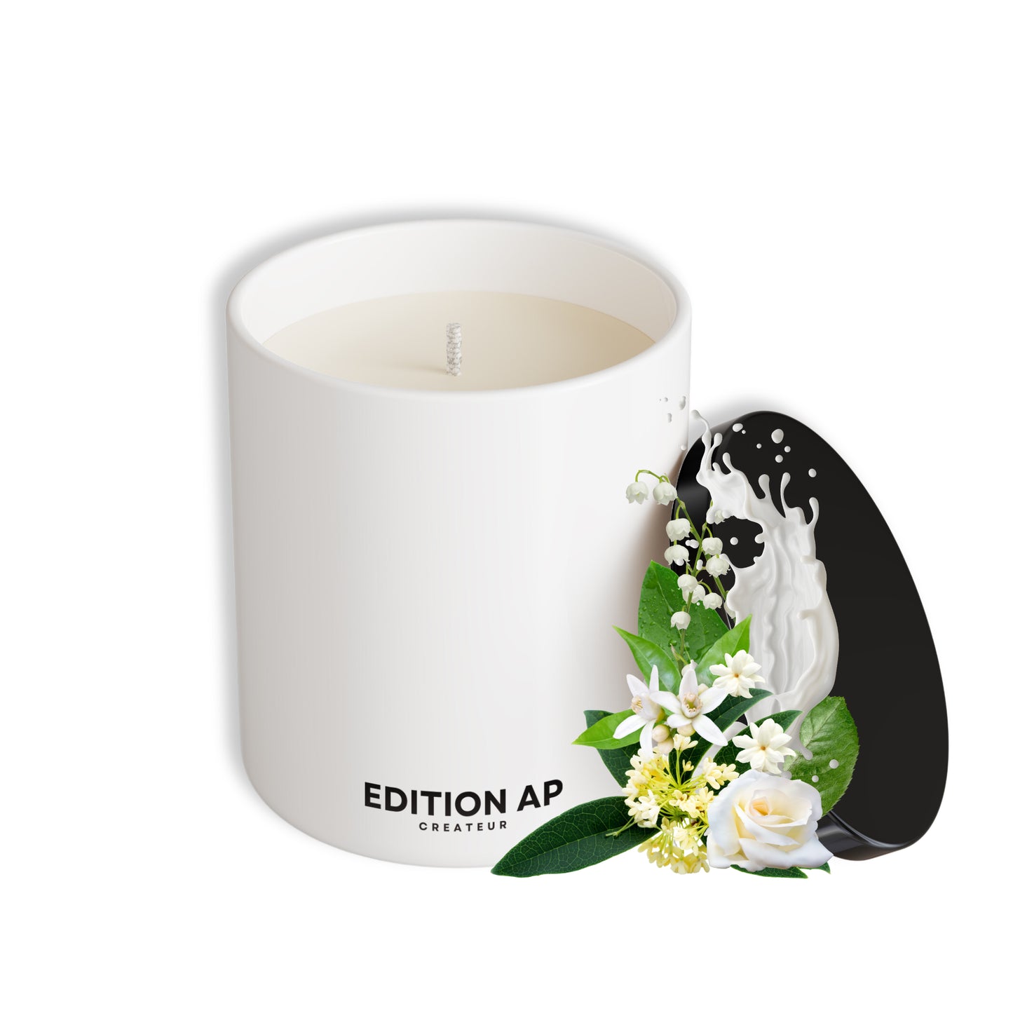 Bougie parfumée Spa Relaxant dans un pot noir brillant avec couvercle, parfum apaisant aux notes d’osmanthus et de thé vert.