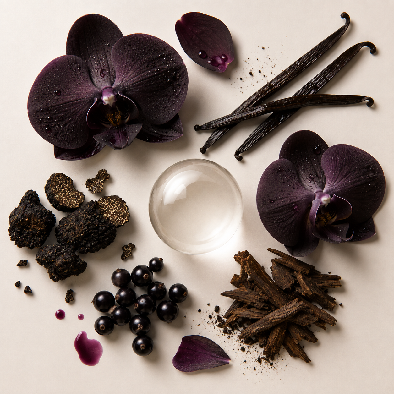 Notes olfactives de la senteur Orchidée Black EDITION AP — orchidée noire, truffe noire, vanille, cassis et patchouli sur fond clair