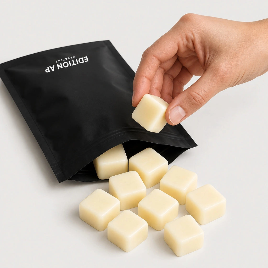 Lot de fondant parfumé avec son sachet hermetique ouvert, fondant parfumé